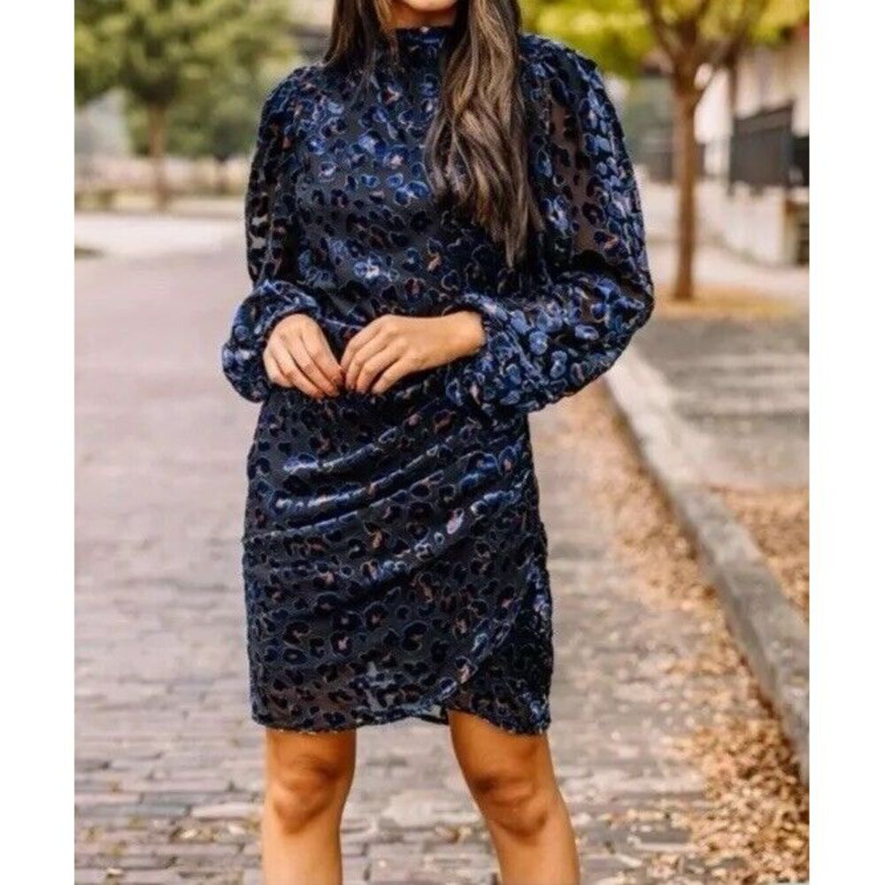 Lush Dress Womens Size Small Blue Velvet Leopard Dark Feminine Romantic Event